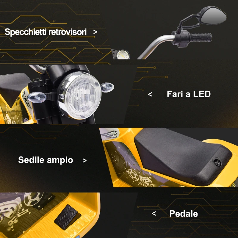 HOMCOM Moto Elettrica per Bambini a 3 Ruote con Luci e Suoni, Batteria Ricaricabile 6V, Velocità 2 km/h, per Bimbi da 18-36 Mesi, 72cmx57cmx56cm Gialla