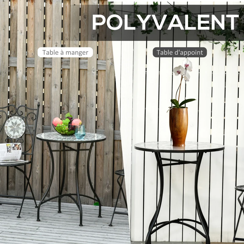 Outsunny Table Ronde Style Fer forgé Bistro Plateau mosaïque Motif Rose des Vents métal époxy anticorrosion Noir céramique