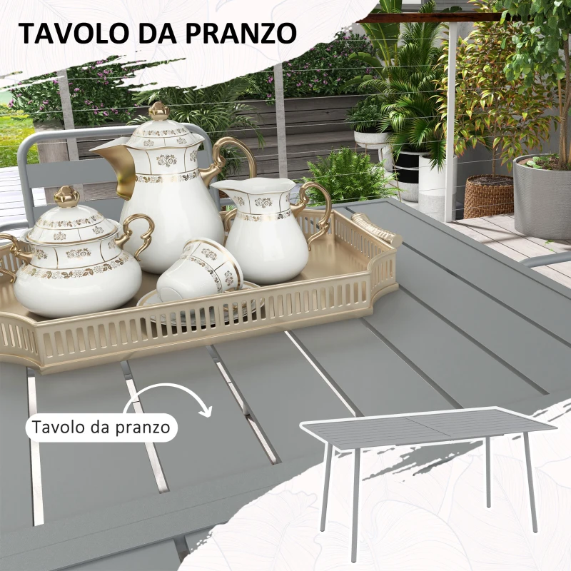 Outsunny Set da Giardino 7 Pezzi in Acciaio con 6 Sedie Impilabili e Tavolo da Pranzo, Grigio Chiaro