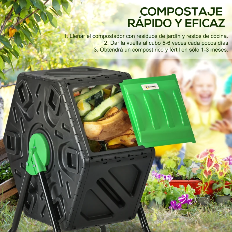 Outsunny Compostador Giratorio 65L con Sistema de Ventilación y Base de Acero para Compostaje de Residuos Orgánicos 60x49x77 cm