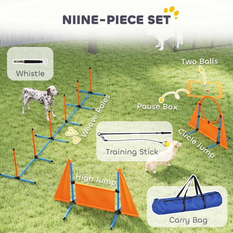 PawHut Seven-Piece Dog Agility Equipment Set with Weave Poles, Jump Ring, Hurdle, Pause Box, Carry Bag, Orange