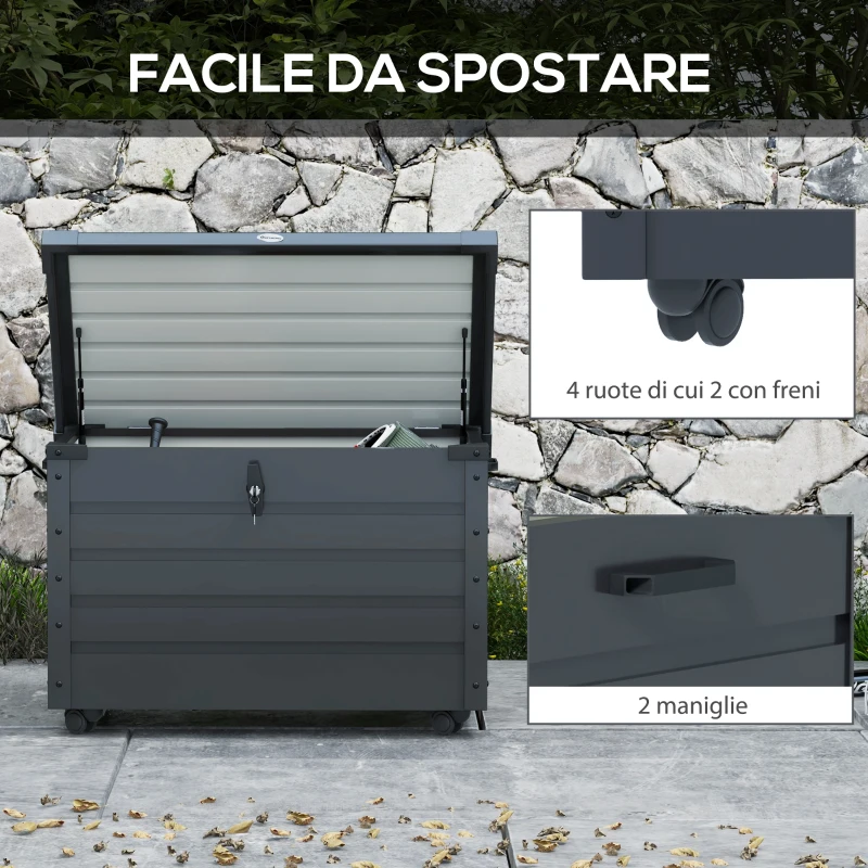 Outsunny Baule da Esterno da 295L con Serratura e 2 Maniglie, in Acciaio Zincato, 120x62x66 cm, Grigio Scuro