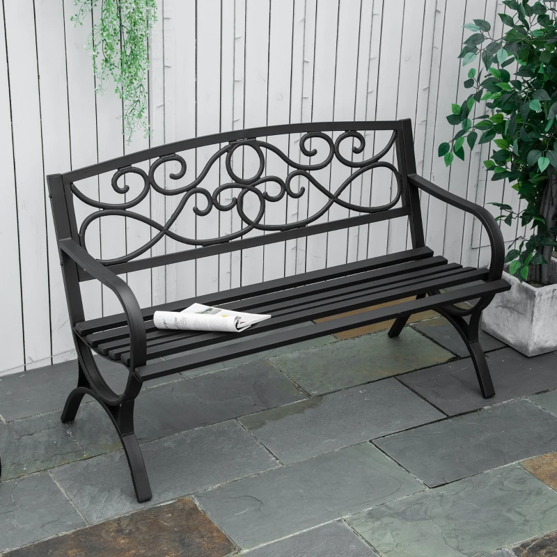 Outsunny Panchina da Giardino 2 Posti in Acciaio e Ghisa con Braccioli e Decorazione, 128x58.5x85cm, Nero