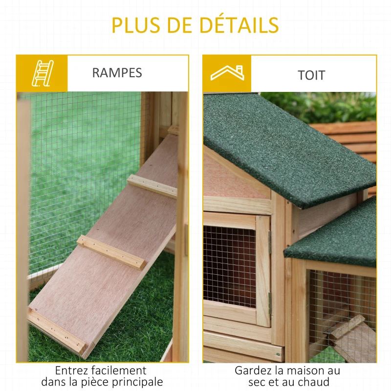 PawHut Clapier cage à lapins rongeurs XXL clapier nain 2 étages toit bitumé intégral tiroir déjection 210L x 45,5l x 84,5H cm bois massif pin pré-huilé