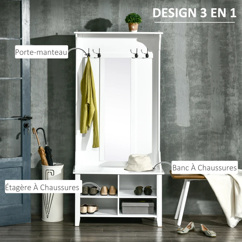 HOMCOM Porte-Manteau vestiaire d'entrée avec Banc à Chaussures et Miroir dim. 80L x 40l x 170H cm 4 étagères 4 patères Double Crochet bois Blanc