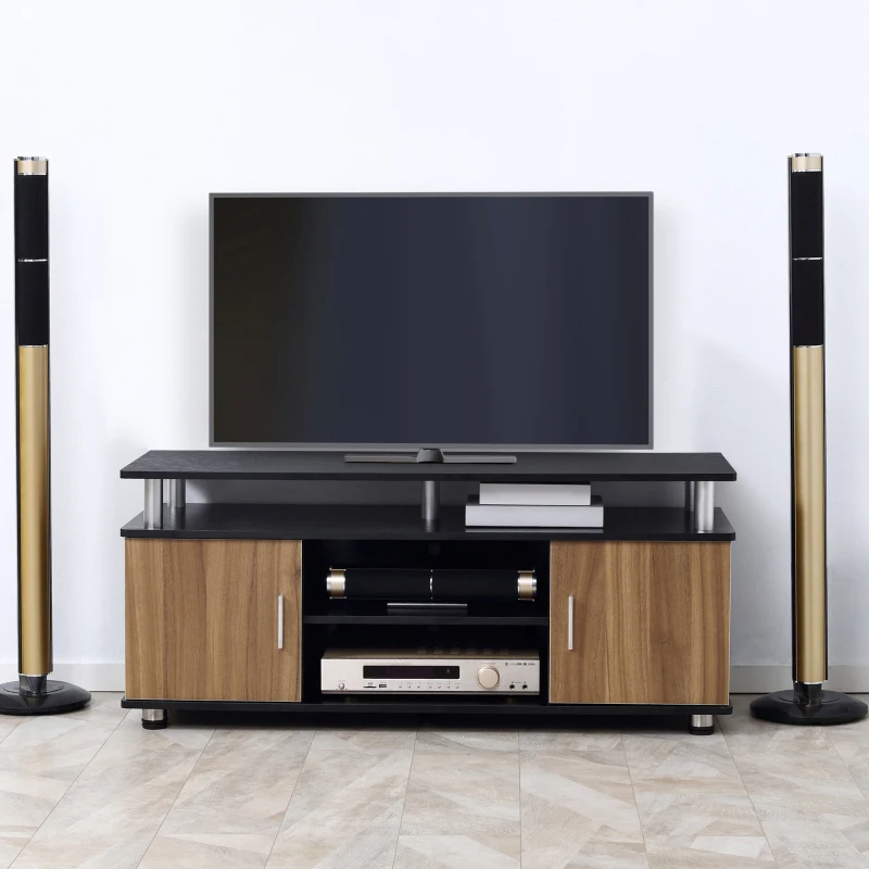 HOMCOM TV Cabinet Unit for TVs up to 50'' with Storage Shelf and Cupboards, Living Room Entertainment Center Media Console, Black and Walnut