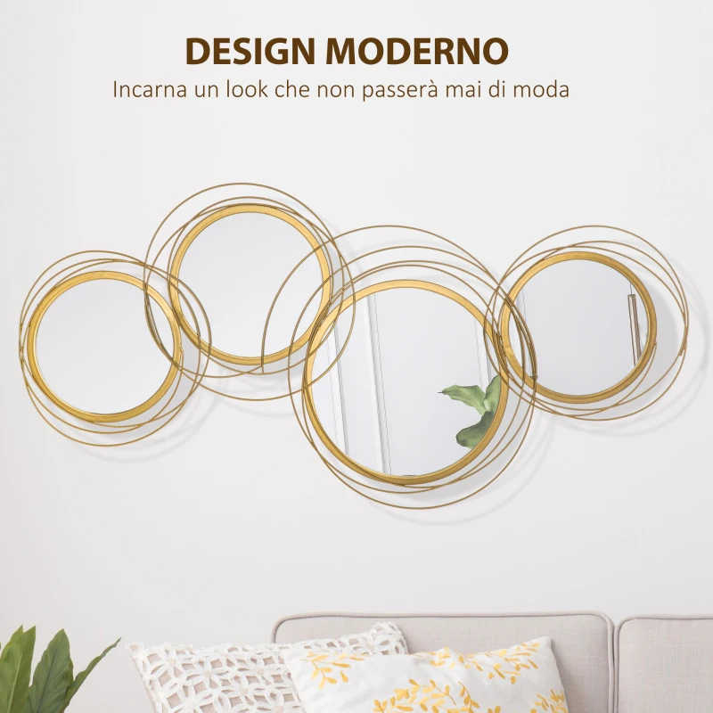 HOMCOM Decorazione Murale 3D in Metallo, Wall Art a Cerchi con Specchi 107x56cm, Oro