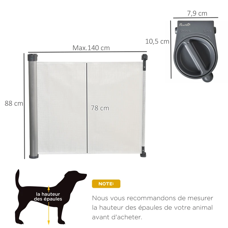 PawHut Barrière animaux rétractable automatique barrière de sécurité enroulable pour escaliers barrière extensible opération à une main dim. 1,4L x 0,88H m aluminium maille PVC blanc