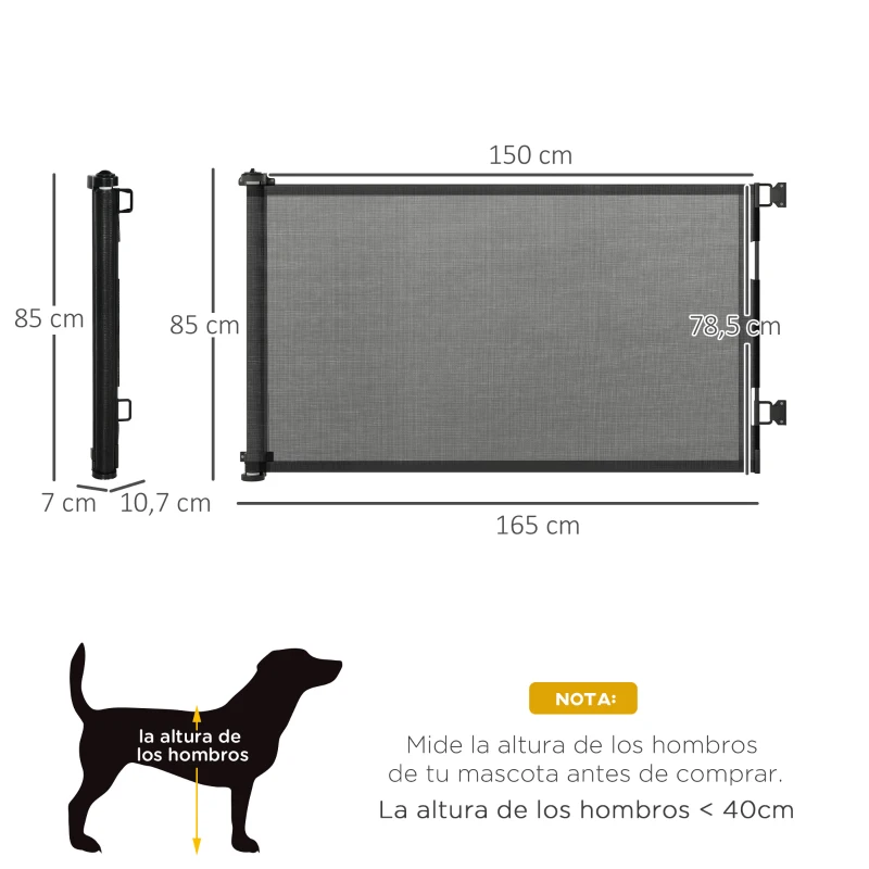 PawHut Puerta de Seguridad Extensible 0-150 cm Barrera Retráctil para Mascotas para Escaleras 165x10,7x85 cm Negro