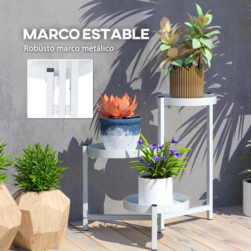 Outsunny Soporte para Plantas Plegable de Metal de 3 Niveles con 3 Estantes Redondos Soporte para Macetas 40x40x42 cm Blanco