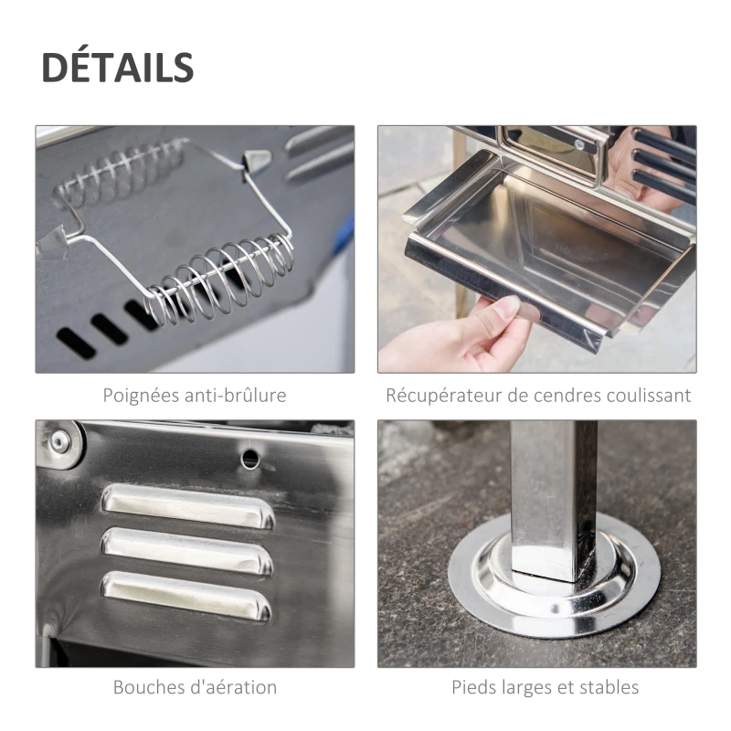Outsunny Barbecue à Charbon Pliable Portable réglable BBQ Grill sur Pied avec tablettes rabattables, Grille, Plaque teppanyaki, Pinces, récupérateur Cendres Acier INOX.