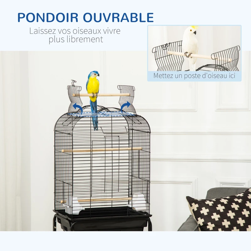 PawHut Cage à oiseaux volière pour oiseaux sur roulettes avec toit ouvrant 3 perchoirs étagère inférieure 46 x 36 x 130 cm noir