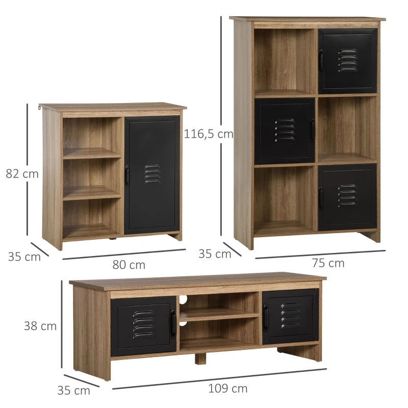 HOMCOM Ensemble Buffet Bibliothèque et Meuble TV Industriel 2 Passe-Fils Multi-rangement Aspect Bois veinage Portes métal Noir