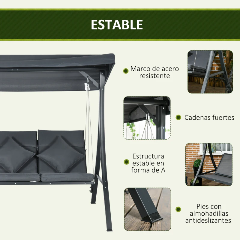 Outsunny Balancín para Exterior Columpio de Jardín de 3 Plazas con Toldo Ajustable y Cojines Decorativos 202x115x168 cm Gris