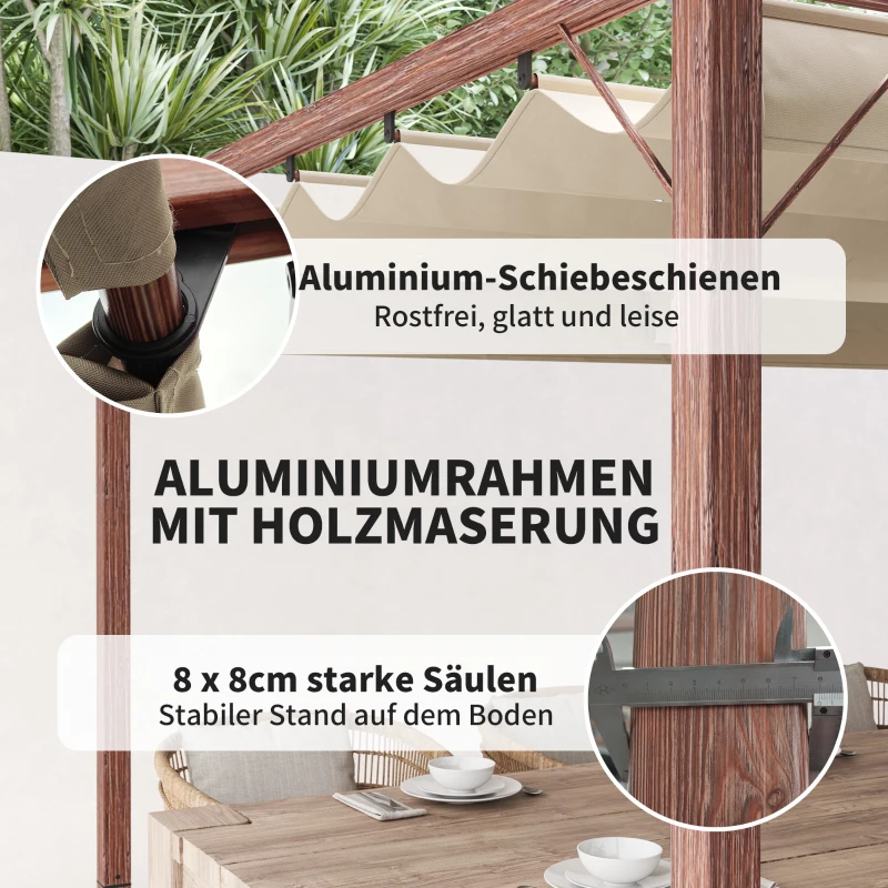 Outsunny 3 x 4 m Garten-Pergola, Verstellbares Terrassendach, Aluminium-Rahmen, UPF30+ Sonnenschutz, Naturholz(m-5)