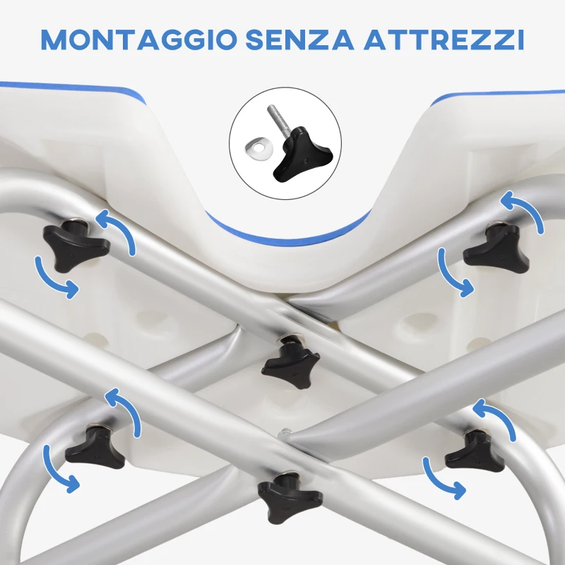 HOMCOM Sgabello da Doccia Regolabile in Altezza con Maniglione, Seduta Imbottita a U e Piedini Antiscivolo, Blu