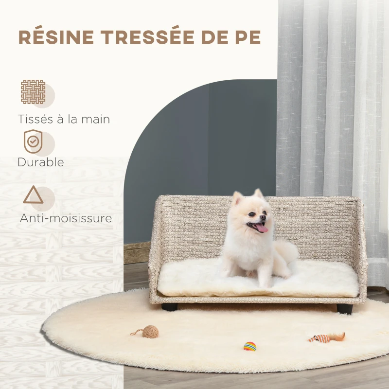 PawHut Canapé chien chat lit pour animaux de compagnie panier en résine tressée imitation rotin PE coussin moelleux 70,5 x 40 x 37,5 cm gris clair blanc