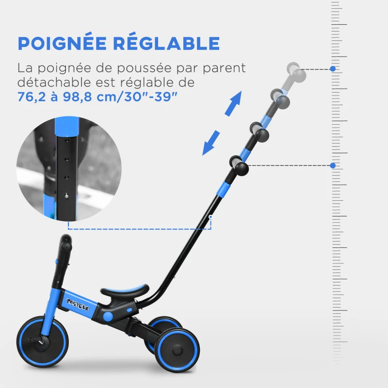 HOMCOM Tricycle bébé évolutif 4 en 1 pour Enfants vélo draisienne avec poignée de poussée réglable, Repose-Pieds Amovible pour 18-48 Mois, Bleu