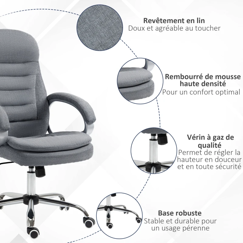 Vinsetto Fauteuil de bureau manager chaise de bureau ergonomique double coussin réglable roulettes toile lin 64 x 75 x 111-121 gris clair