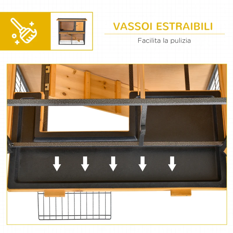 PawHut Gabbia per Conigli con Rampa e Area Aperta, Conigliera in Legno e Metallo su 2 Livelli, Giallo Chiaro, 89.5x45x81cm