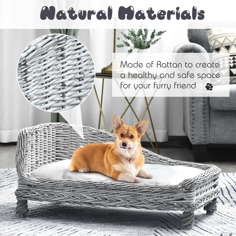 Pawhut Wicker Dog Cat Bed Kitten Lounger  Pet Bed Rattan Willow Basket Soft Cushion Lightweight 69 x 42 x 33 cm Grey