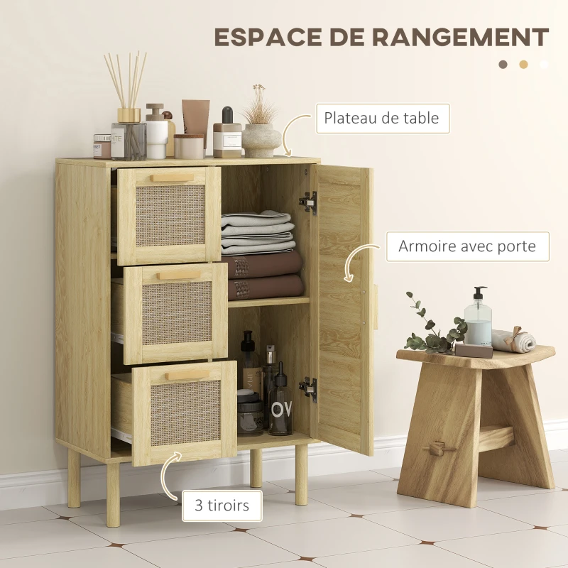 HOMCOM Armoire meuble de rangement style bohème avec 3 tiroirs et 3 étagères, façade rotin tissé, compact, 55 x 30 x 82 cm