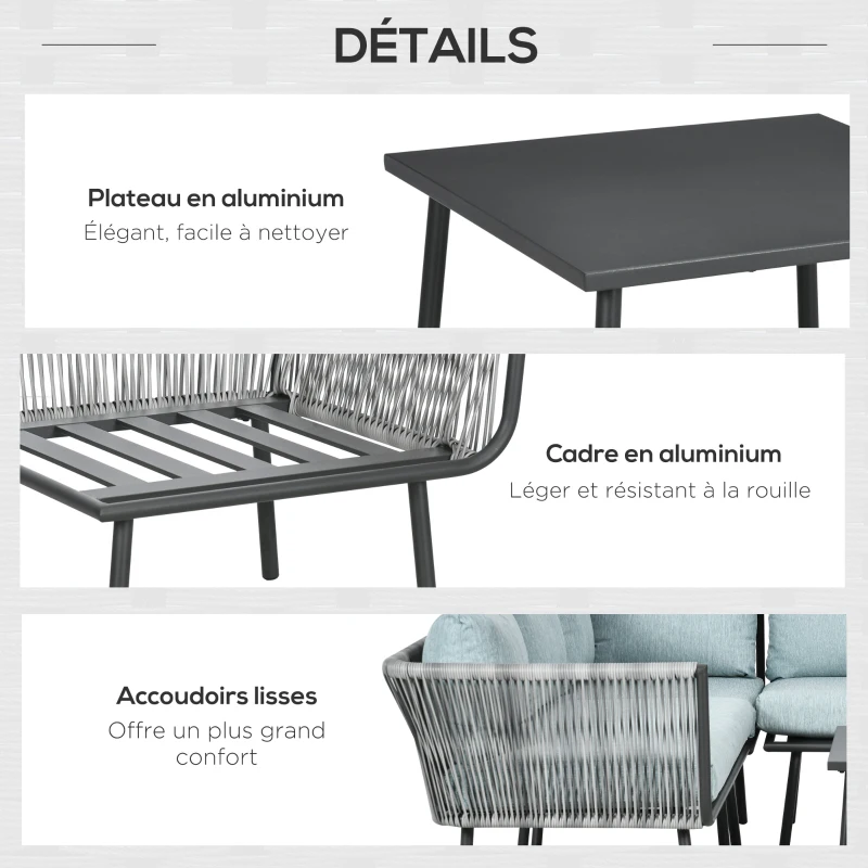 Outsunny Salon de jardin d'angle 4 pièces avec 2 canapé d'angle 2 places + 1 canapé d'angle 1 place + table basse coussins gris