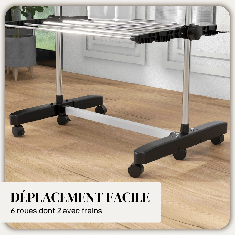 HOMCOM Séchoir à Linge étendoir pliable ailes latérales utilisation intérieur et extérieur 142 x 55 x 172 cm 4 niveaux noir