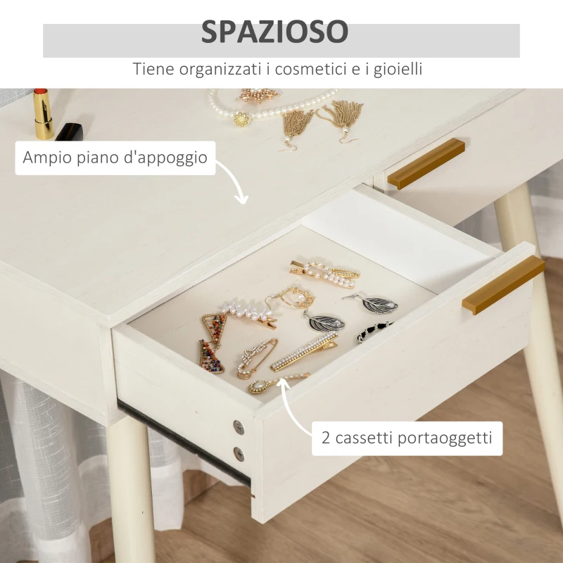 HOMCOM Tavolo Trucco con Specchio e 2 Cassetti per Accessori, in Legno, 80x40x123 cm, Bianco