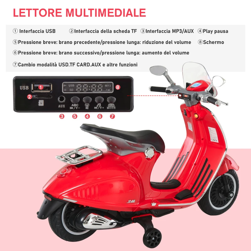 HOMCOM Moto Elettrica per Bambini con Licenza Ufficiale Vespa, 2 Rotelle, Luci e Suoni, 108x49x75 cm, Rossa