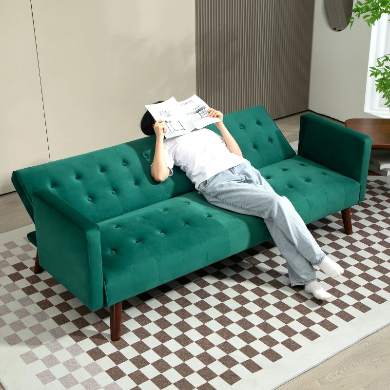 HOMCOM Canapé lit convertible 3 places, canapé élégant en tissu capitonné avec pieds en bois pour salon, chambre d'amis, vert