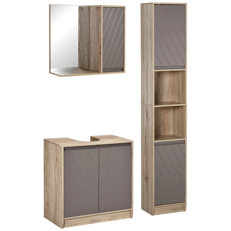 HOMCOM Ensemble de Meuble sous lavabo, armoire avec miroir et meuble colonne pour salle de bain en bois chêne Clair Gris