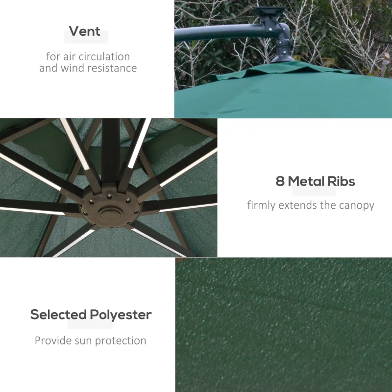 Outsunny 3(m) Banana Cantilever Parasol with Solar LED Lights, Garden Umbrella with Cross Base and Crank Handle, Hanging Offset Sun Shade for Outdoor, Patio, Green