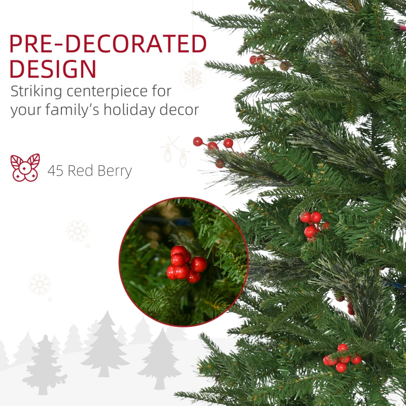 HOMCOM 7ft Pencil Artificial Christmas Tree with Realistic Branches, Red Berries, Auto Open, Green