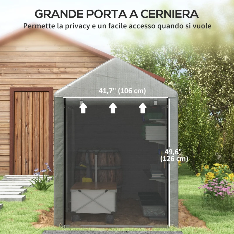 Outsunny Capanno Attrezzi Tenda Garage con Copertura Anti UV e Telaio in Metallo, 120x179x165cm, Grigio Chiaro