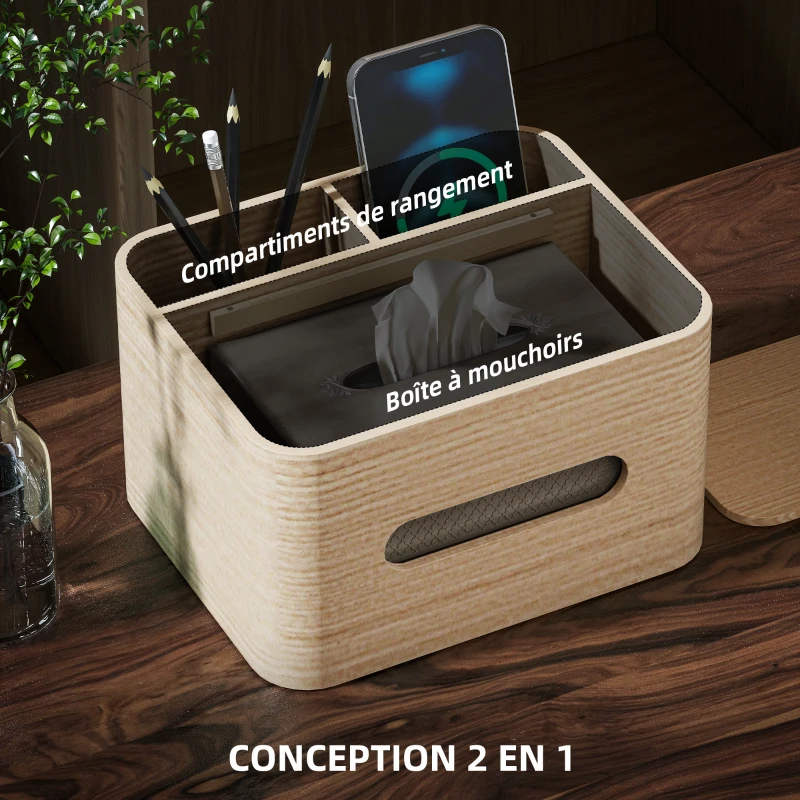 HOMCOM Organiseur de bureau rangement bureau multifonction avec 2 compartiments boîte à mouchoirs en bois naturel