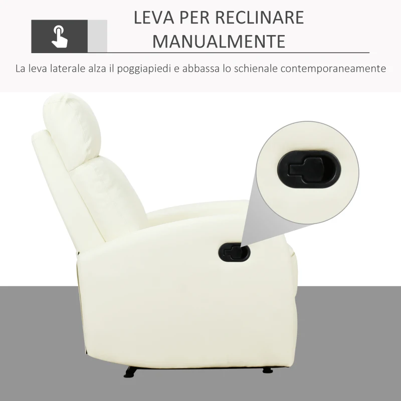 HOMCOM Poltrona Relax Reclinabile 165° con Poggiapiedi Regolabile Ergonomica in pelle PU, 65 × 92 × 100cm Crema