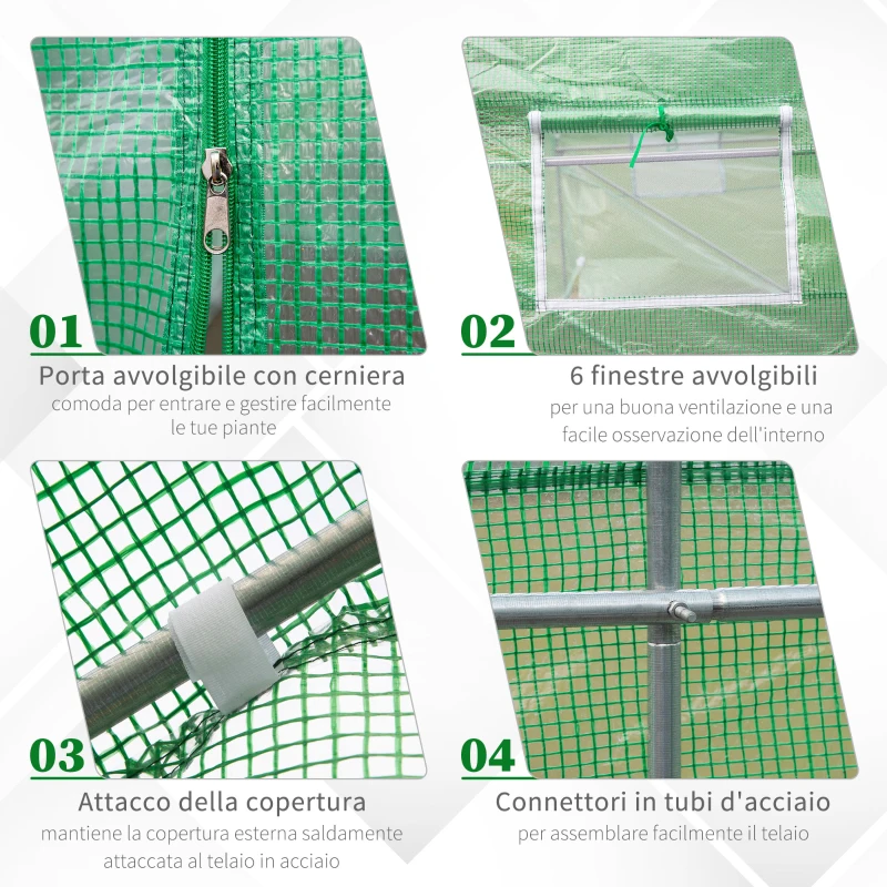 Outsunny Serra da Giardino 3.5 x 3 x 2m con Tetto Spiovente in PE, Porta e 6 Finestre, Verde
