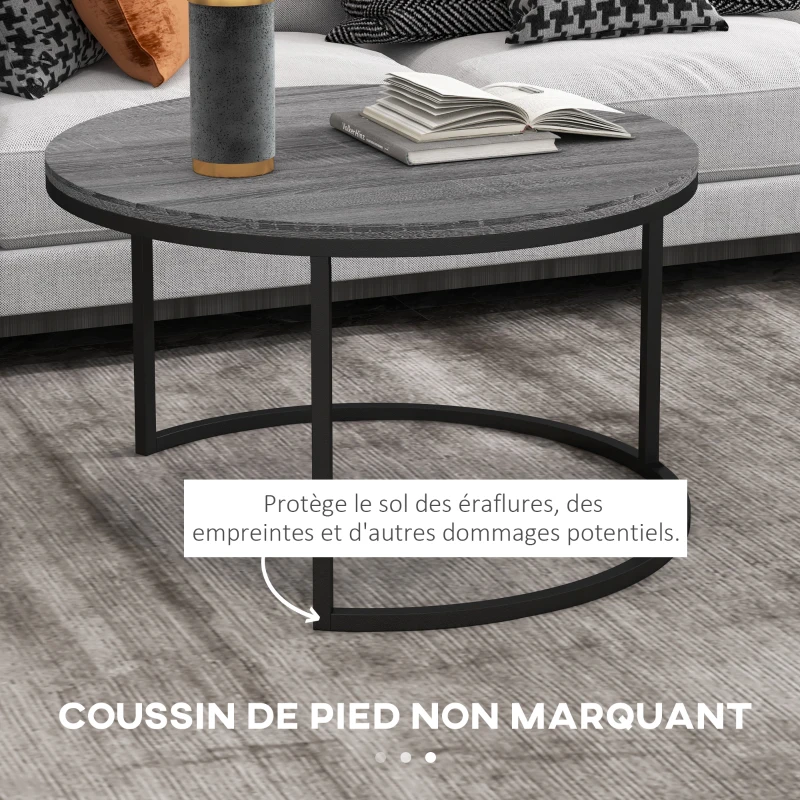 HOMCOM Lot de 2 tables basses gigognes empilable design industriel plateau imitation ciment pieds en métal noir