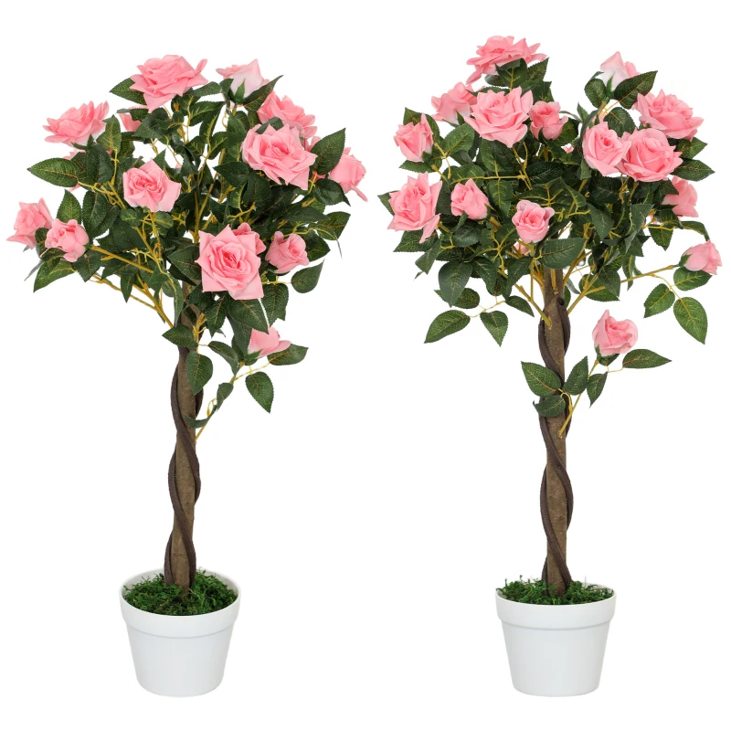 Outsunny Set of 2 Artificial Plants Pink Rose Floral in Pot, Fake Plants for Home Indoor Decor, 90cm