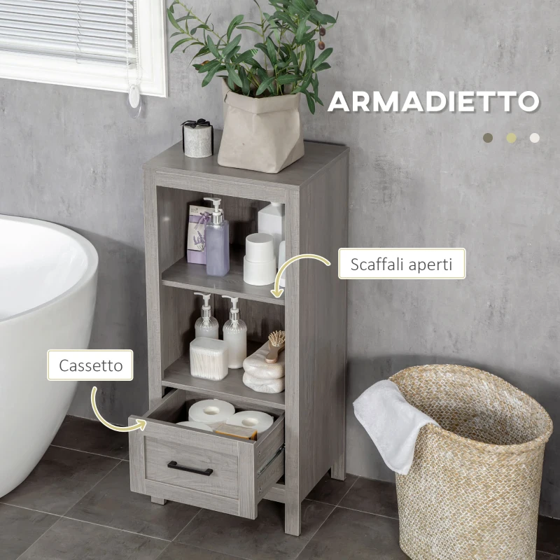 kleankin Mobiletto Bagno Salvaspazio con Ripiani e Cassetto in Legno, 40x30x89cm, Grigio