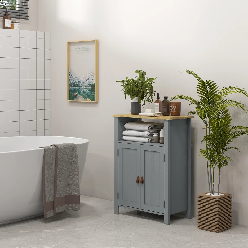 kleankin Meuble bas de salle de bain multi-rangements grande niche placard double porte gris et naturel
