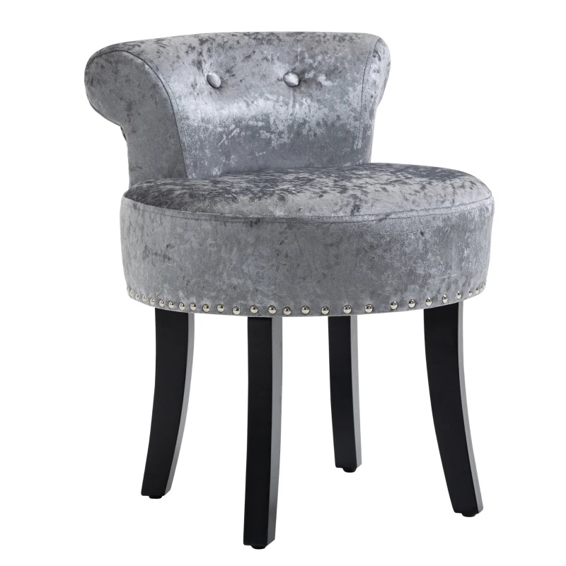 HOMCOM Dressing Table Stool with Rubber Wood Legs, Ice Velvet Vanity Stool for Living Room Bedroom, Grey