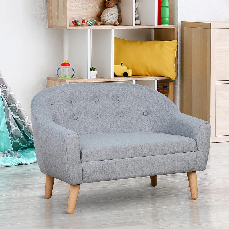 HOMCOM Fauteuil Enfant Canapé Chaise Enfant Design scandinave Grand Confort Dossier capitonné 10 Boutons piètement effilé Aspect Bois Clair revêtement Lin dim. 76L x 51P x 53,5H cm Gris Clair