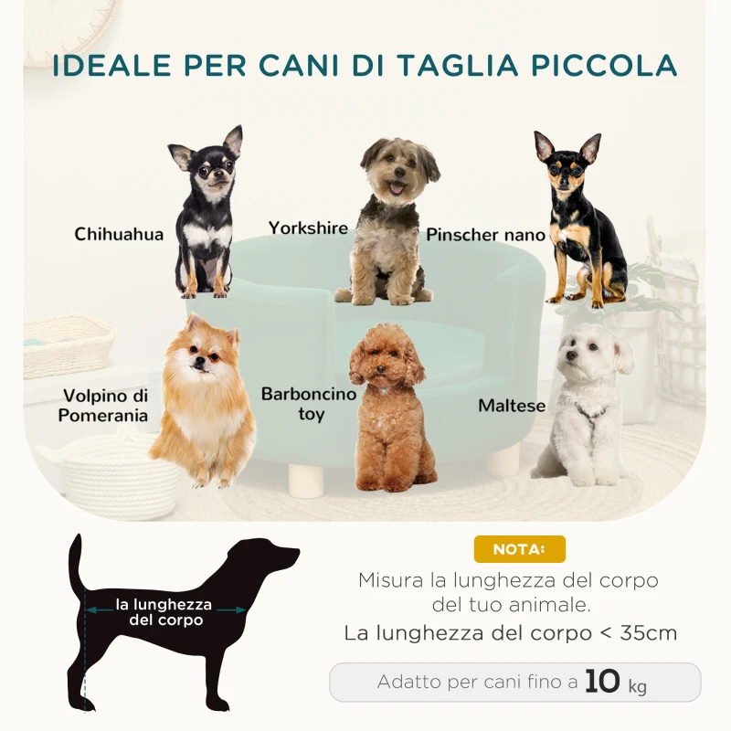PawHut Divano per Cani Imbottito con Schienale e Cuscino Rimovibile, Cuccia per Gatto da Interno, 65x64x37 cm, Verde