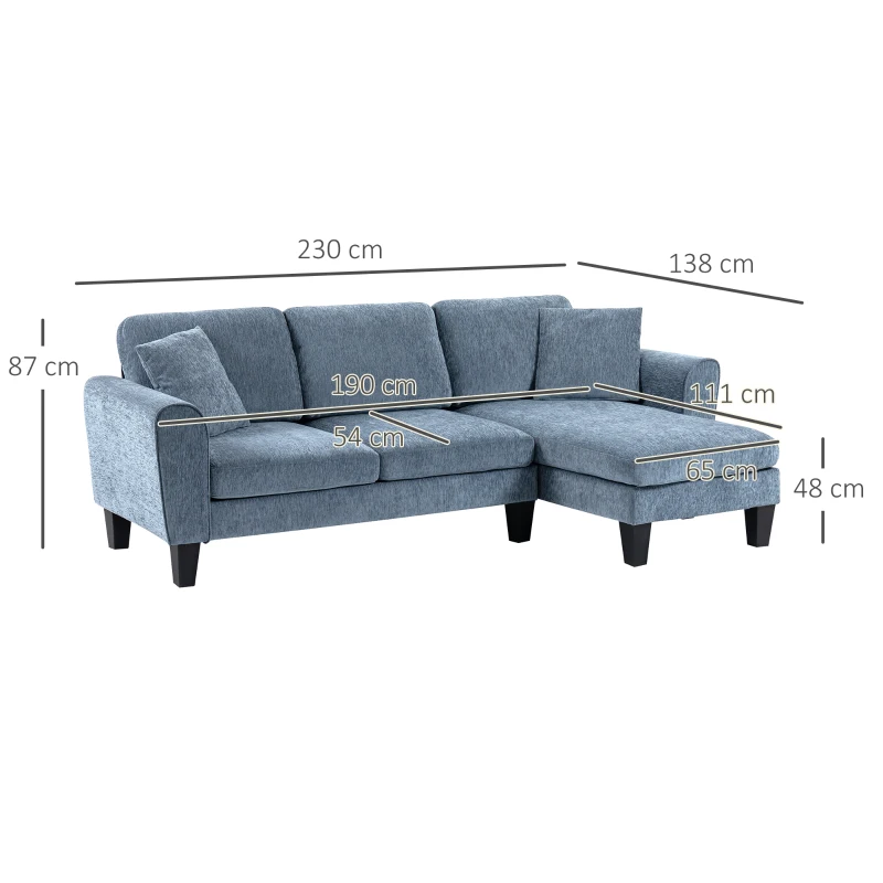 HOMCOM Sofá Rinconera Chaise Lounge Reversible en Forma de L con 2 Cojines Carga 200 kg 230x138x87 cm Azul Oscuro