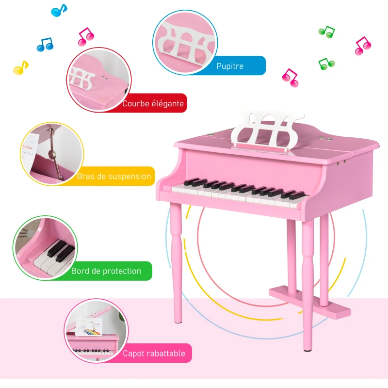 HOMCOM Piano à queue enfant en bois Piano enfant clavier de piano 30 touches - tabouret et pupitre inlus - Instrument de Musique - MDF rose