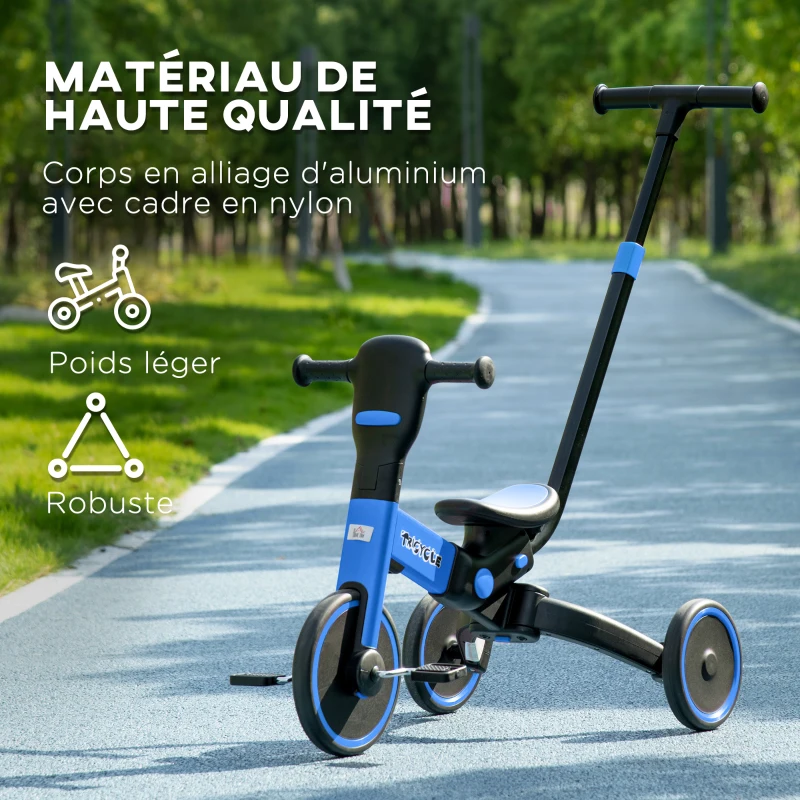 HOMCOM Tricycle bébé évolutif 4 en 1 pour Enfants vélo draisienne avec poignée de poussée réglable, Repose-Pieds Amovible pour 18-48 Mois, Bleu