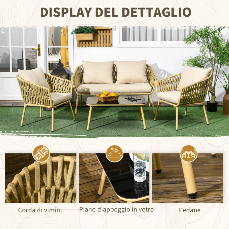 Outsunny Salotto da Esterno con Divano 2 Posti, 2 Poltrone con Cuscini e Tavolino in Vetro