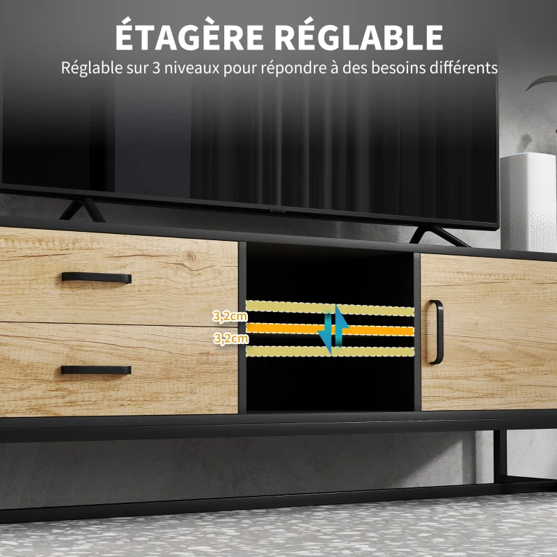 HOMCOM Meuble TV pour téléviseurs jusqu'à 60 pouces, meuble télé avec placard compartiments ouverts, 2 tiroirs, bois naturel